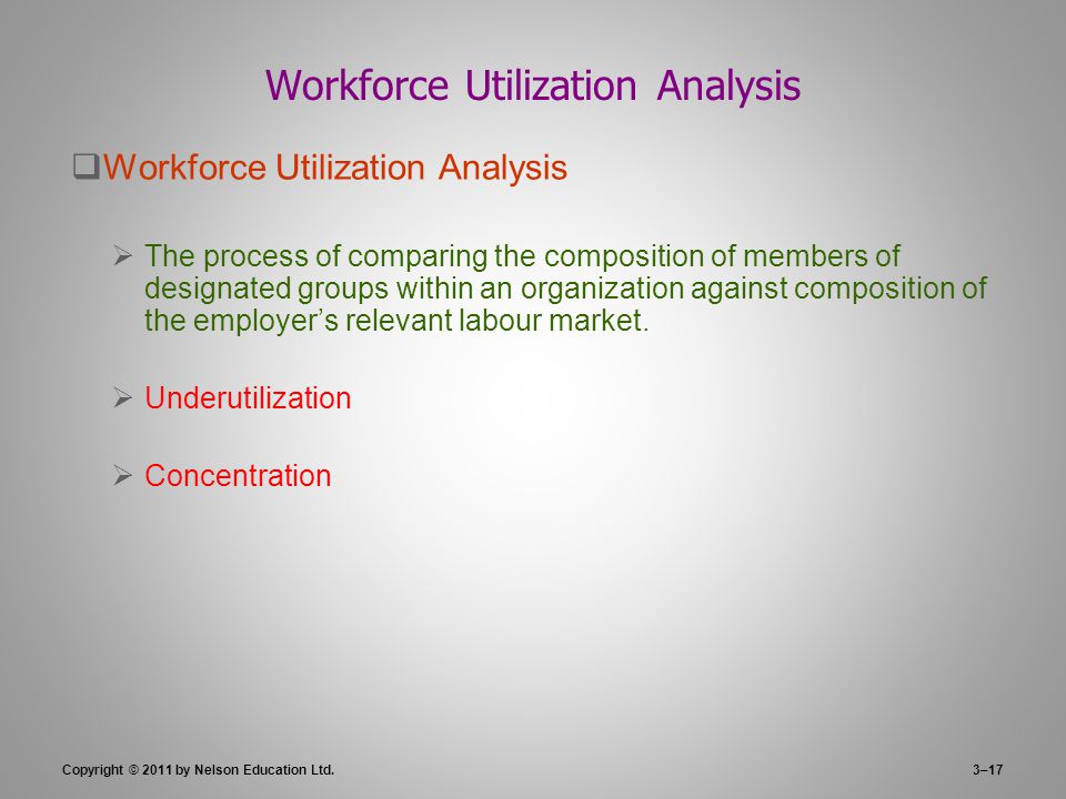 3–17 Workforce Utilization Analysis  Workforce Utilization Analysis  The process of comparing the composition of members of designated groups within an organization against composition of the employer’s relevant labour market.