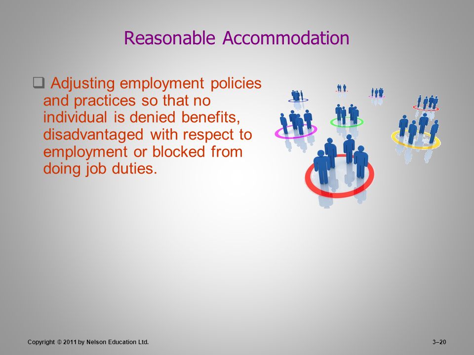 3–20 Reasonable Accommodation  Adjusting employment policies and practices so that no individual is denied benefits, disadvantaged with respect to employment or blocked from doing job duties.