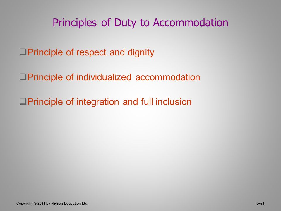 Principles of Duty to Accommodation  Principle of respect and dignity  Principle of individualized accommodation  Principle of integration and full inclusion 3–21Copyright © 2011 by Nelson Education Ltd.
