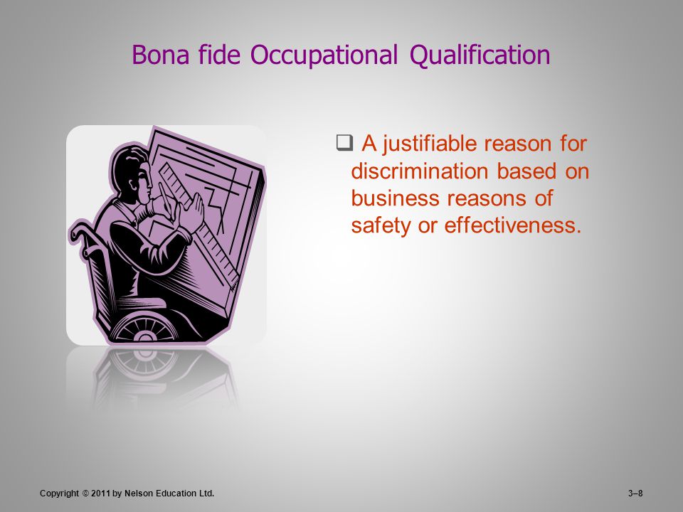 Bona fide Occupational Qualification  A justifiable reason for discrimination based on business reasons of safety or effectiveness.