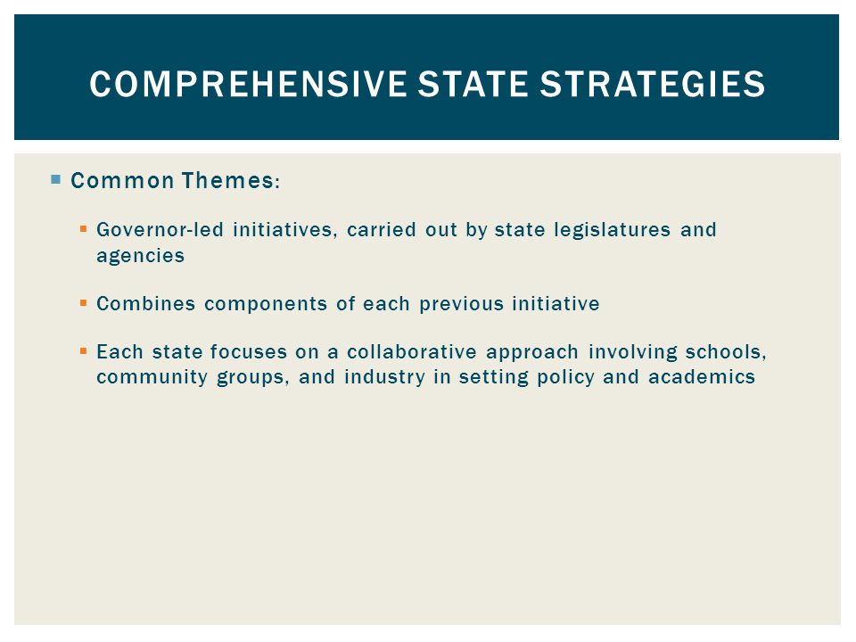  Common Themes :  Governor-led initiatives, carried out by state legislatures and agencies  Combines components of each previous initiative  Each state focuses on a collaborative approach involving schools, community groups, and industry in setting policy and academics COMPREHENSIVE STATE STRATEGIES