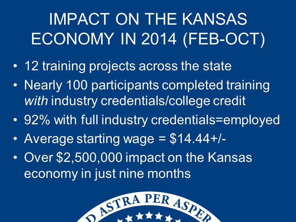 IMPACT ON THE KANSAS ECONOMY IN 2014 (FEB-OCT) 12 training projects across the state Nearly 100 participants completed training with industry credentials/college credit 92% with full industry credentials=employed Average starting wage = $14.44+/- Over $2,500,000 impact on the Kansas economy in just nine months
