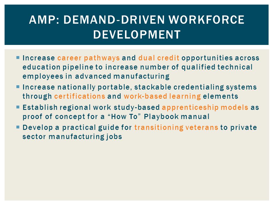  Increase career pathways and dual credit opportunities across education pipeline to increase number of qualified technical employees in advanced manufacturing  Increase nationally portable, stackable credentialing systems through certifications and work-based learning elements  Establish regional work study-based apprenticeship models as proof of concept for a How To Playbook manual  Develop a practical guide for transitioning veterans to private sector manufacturing jobs AMP: DEMAND ‐ DRIVEN WORKFORCE DEVELOPMENT