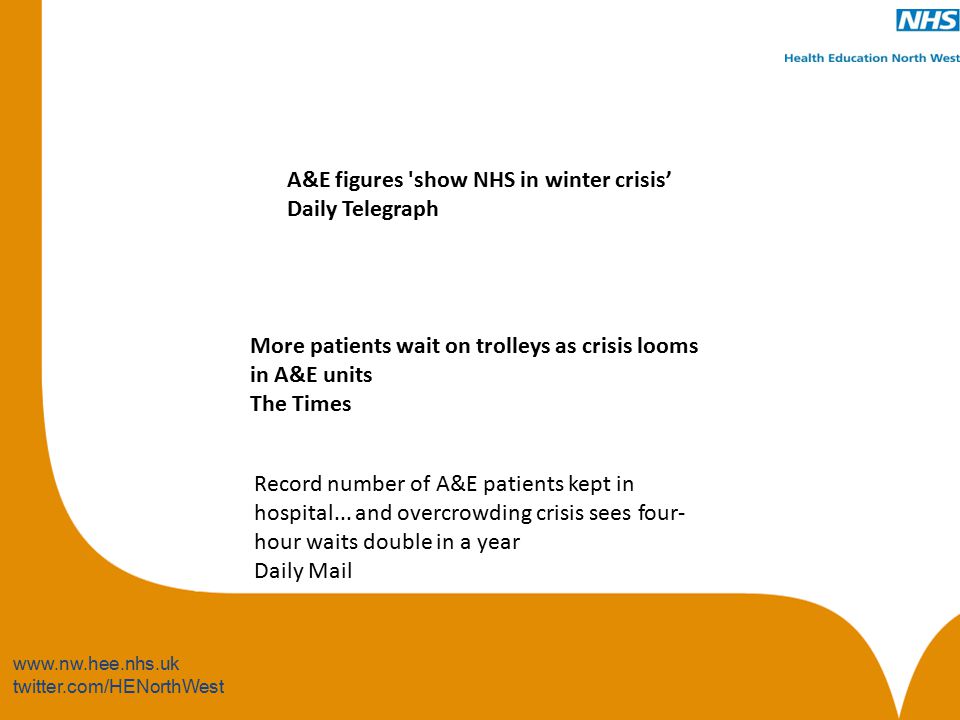 twitter.com/HENorthWest A&E figures show NHS in winter crisis’ Daily Telegraph Record number of A&E patients kept in hospital...