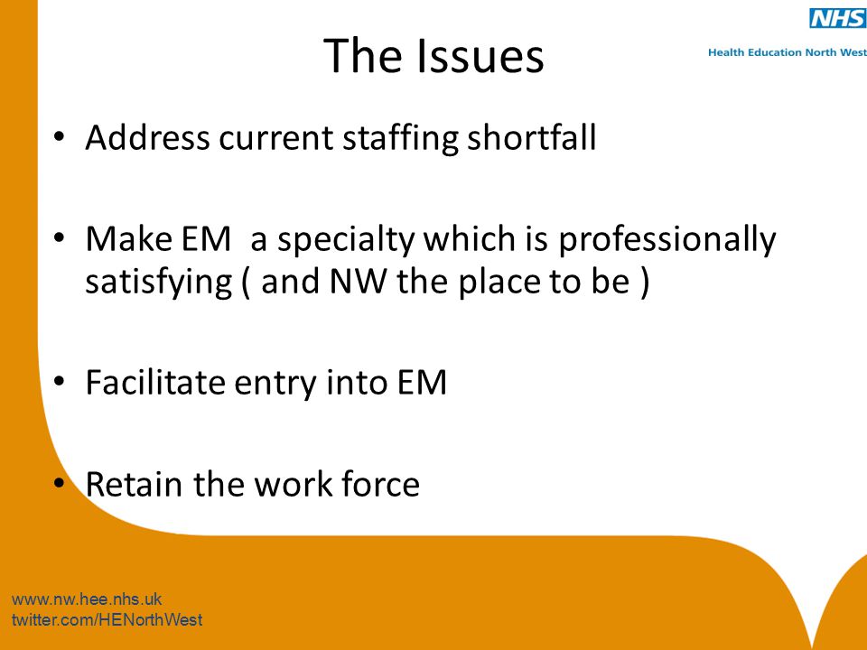 twitter.com/HENorthWest The Issues Address current staffing shortfall Make EM a specialty which is professionally satisfying ( and NW the place to be ) Facilitate entry into EM Retain the work force