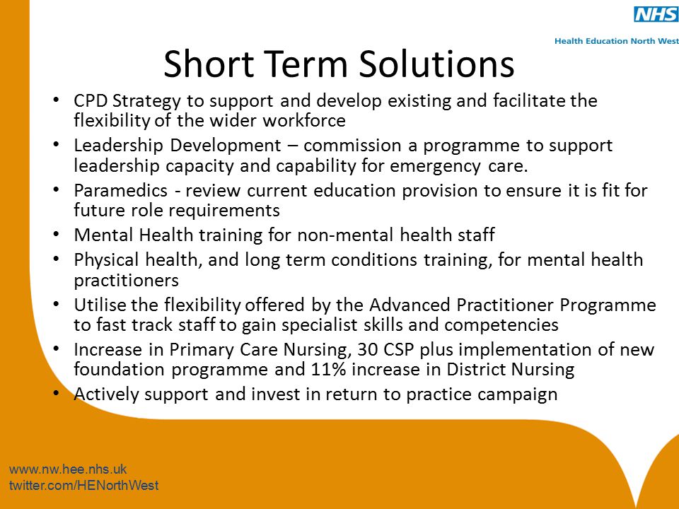 twitter.com/HENorthWest Short Term Solutions CPD Strategy to support and develop existing and facilitate the flexibility of the wider workforce Leadership Development – commission a programme to support leadership capacity and capability for emergency care.