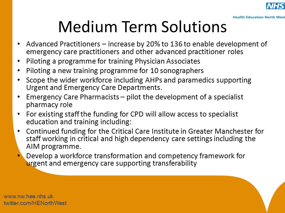 twitter.com/HENorthWest Medium Term Solutions Advanced Practitioners – increase by 20% to 136 to enable development of emergency care practitioners and other advanced practitioner roles Piloting a programme for training Physician Associates Piloting a new training programme for 10 sonographers Scope the wider workforce including AHPs and paramedics supporting Urgent and Emergency Care Departments.