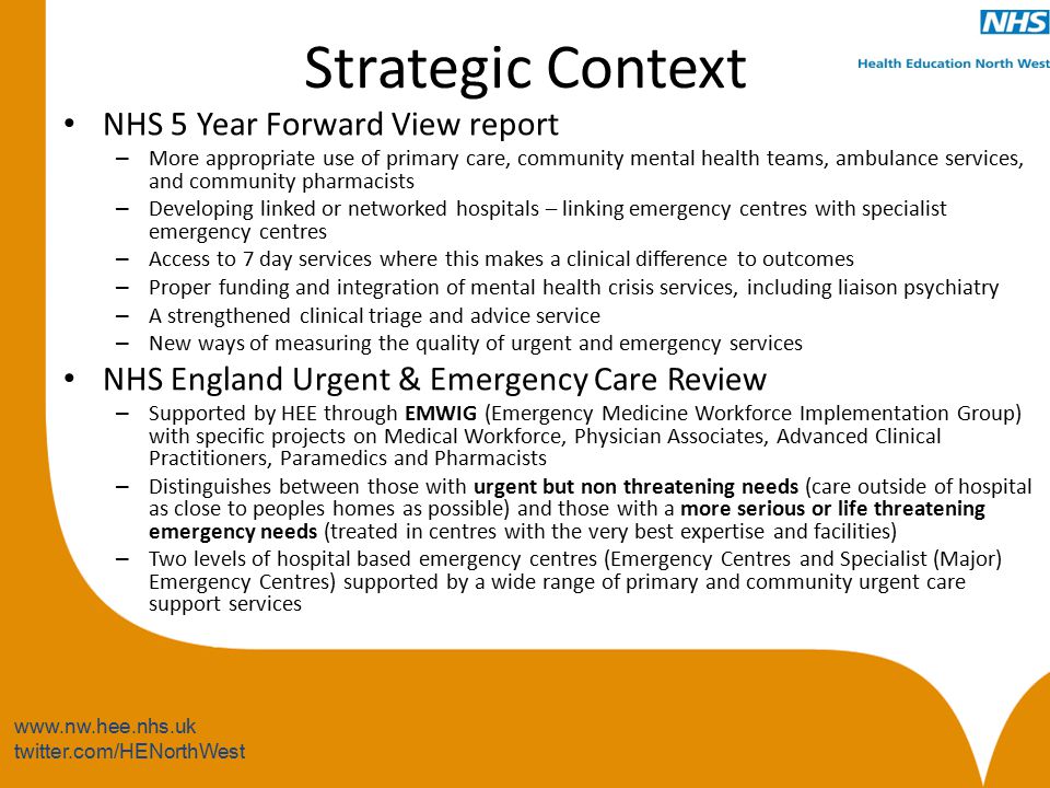 twitter.com/HENorthWest Strategic Context NHS 5 Year Forward View report – More appropriate use of primary care, community mental health teams, ambulance services, and community pharmacists – Developing linked or networked hospitals – linking emergency centres with specialist emergency centres – Access to 7 day services where this makes a clinical difference to outcomes – Proper funding and integration of mental health crisis services, including liaison psychiatry – A strengthened clinical triage and advice service – New ways of measuring the quality of urgent and emergency services NHS England Urgent & Emergency Care Review – Supported by HEE through EMWIG (Emergency Medicine Workforce Implementation Group) with specific projects on Medical Workforce, Physician Associates, Advanced Clinical Practitioners, Paramedics and Pharmacists – Distinguishes between those with urgent but non threatening needs (care outside of hospital as close to peoples homes as possible) and those with a more serious or life threatening emergency needs (treated in centres with the very best expertise and facilities) – Two levels of hospital based emergency centres (Emergency Centres and Specialist (Major) Emergency Centres) supported by a wide range of primary and community urgent care support services