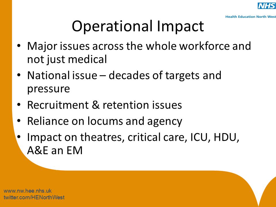 twitter.com/HENorthWest Operational Impact Major issues across the whole workforce and not just medical National issue – decades of targets and pressure Recruitment & retention issues Reliance on locums and agency Impact on theatres, critical care, ICU, HDU, A&E an EM