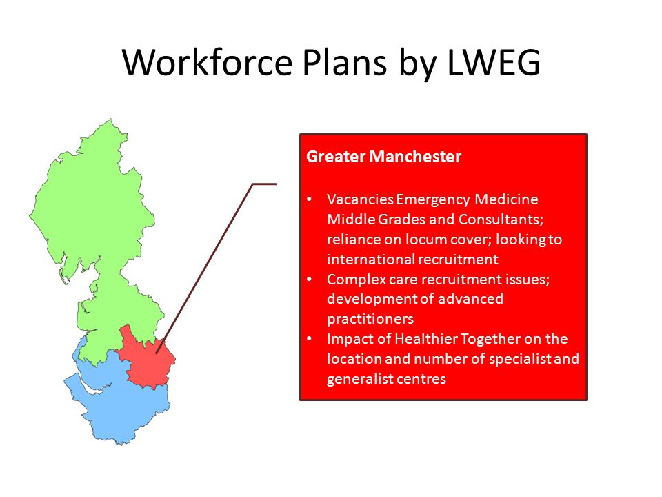 twitter.com/HENorthWest Workforce Plans by LWEG Greater Manchester Vacancies Emergency Medicine Middle Grades and Consultants; reliance on locum cover; looking to international recruitment Complex care recruitment issues; development of advanced practitioners Impact of Healthier Together on the location and number of specialist and generalist centres