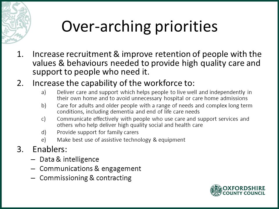 Over-arching priorities 1.Increase recruitment & improve retention of people with the values & behaviours needed to provide high quality care and support to people who need it.