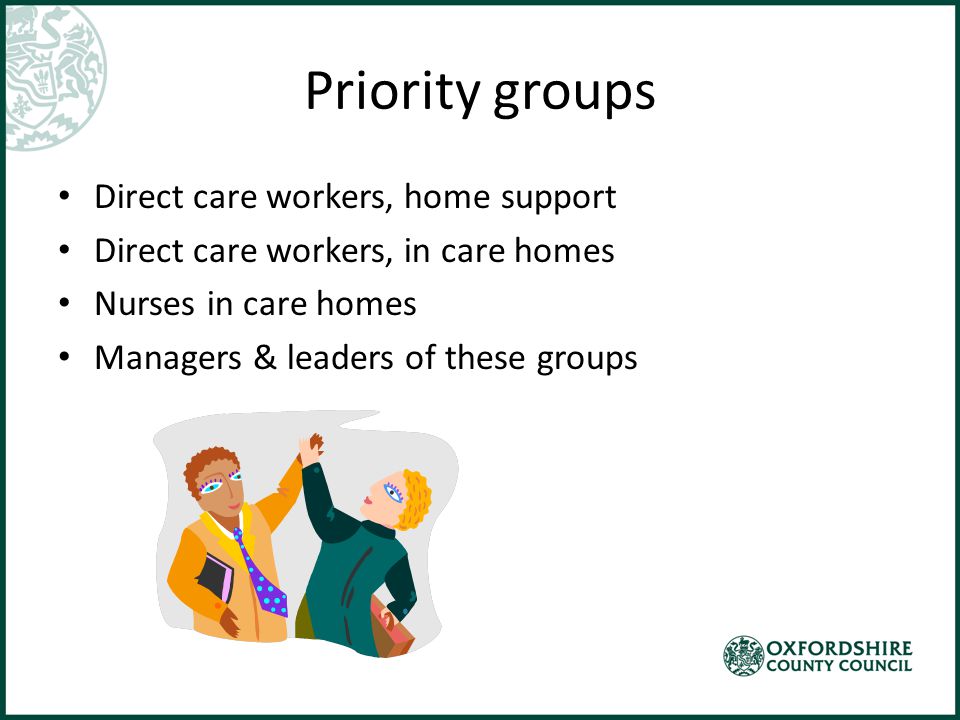 Priority groups Direct care workers, home support Direct care workers, in care homes Nurses in care homes Managers & leaders of these groups