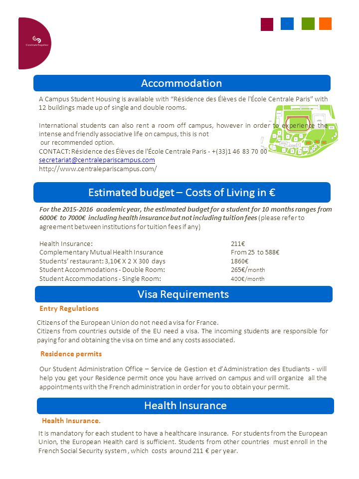 Accommodation Estimated budget – Costs of Living in € A Campus Student Housing is available with Résidence des Élèves de l École Centrale Paris with 12 buildings made up of single and double rooms.