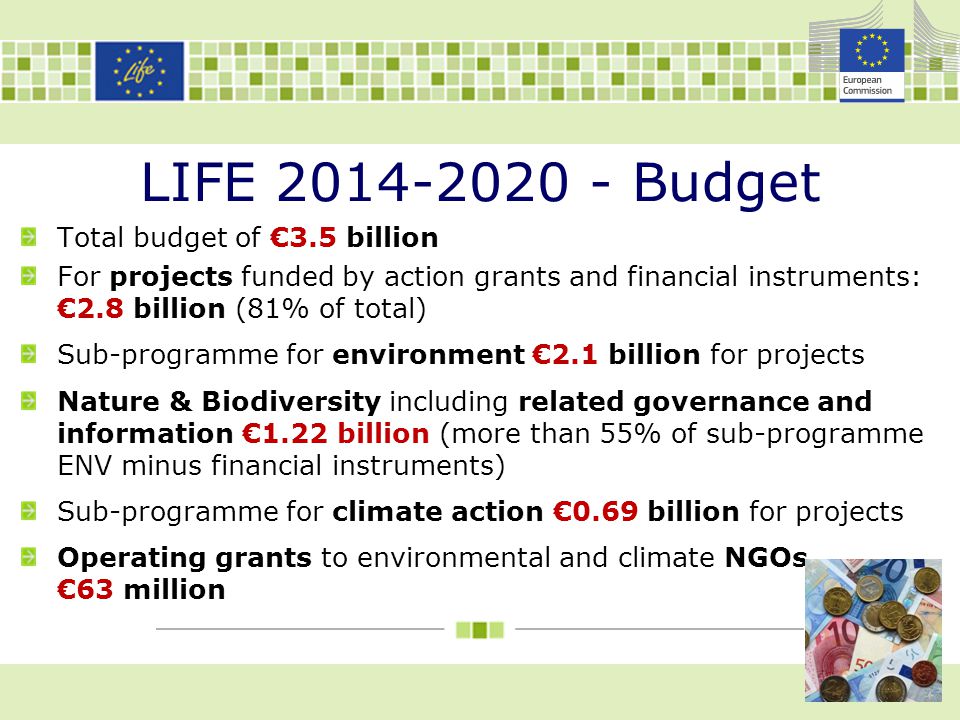 LIFE Budget Total budget of €3.5 billion For projects funded by action grants and financial instruments: €2.8 billion (81% of total) Sub-programme for environment €2.1 billion for projects Nature & Biodiversity including related governance and information €1.22 billion (more than 55% of sub-programme ENV minus financial instruments) Sub-programme for climate action €0.69 billion for projects Operating grants to environmental and climate NGOs €63 million