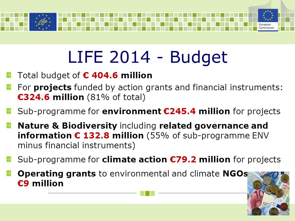 LIFE Budget Total budget of € million For projects funded by action grants and financial instruments: €324.6 million (81% of total) Sub-programme for environment €245.4 million for projects Nature & Biodiversity including related governance and information € million (55% of sub-programme ENV minus financial instruments) Sub-programme for climate action €79.2 million for projects Operating grants to environmental and climate NGOs €9 million