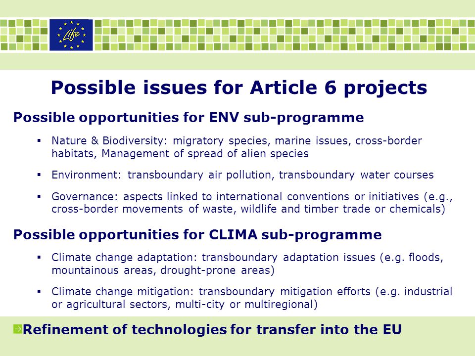 Possible issues for Article 6 projects Possible opportunities for ENV sub-programme  Nature & Biodiversity: migratory species, marine issues, cross-border habitats, Management of spread of alien species  Environment: transboundary air pollution, transboundary water courses  Governance: aspects linked to international conventions or initiatives (e.g., cross-border movements of waste, wildlife and timber trade or chemicals) Possible opportunities for CLIMA sub-programme  Climate change adaptation: transboundary adaptation issues (e.g.