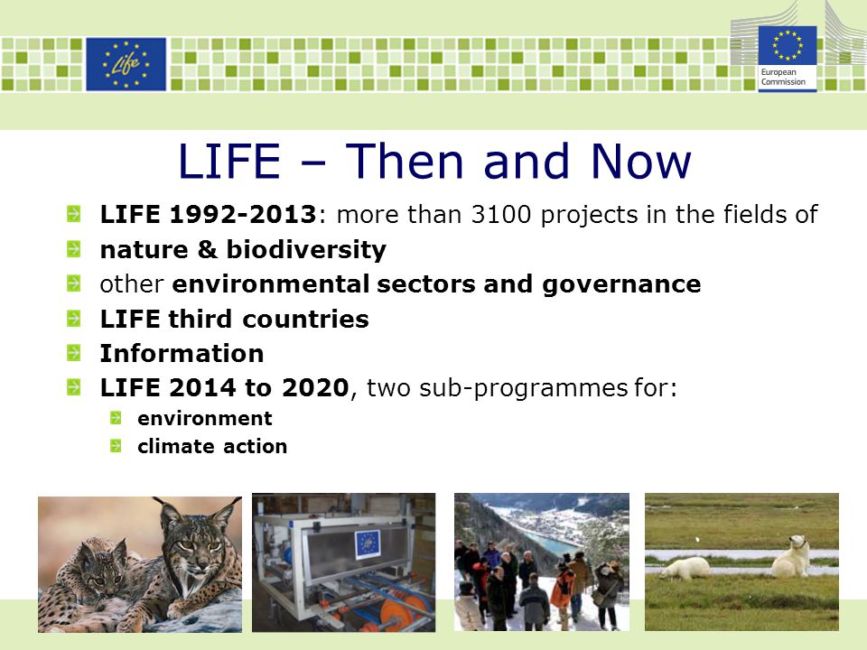 LIFE – Then and Now LIFE : more than 3100 projects in the fields of nature & biodiversity other environmental sectors and governance LIFE third countries Information LIFE 2014 to 2020, two sub-programmes for: environment climate action