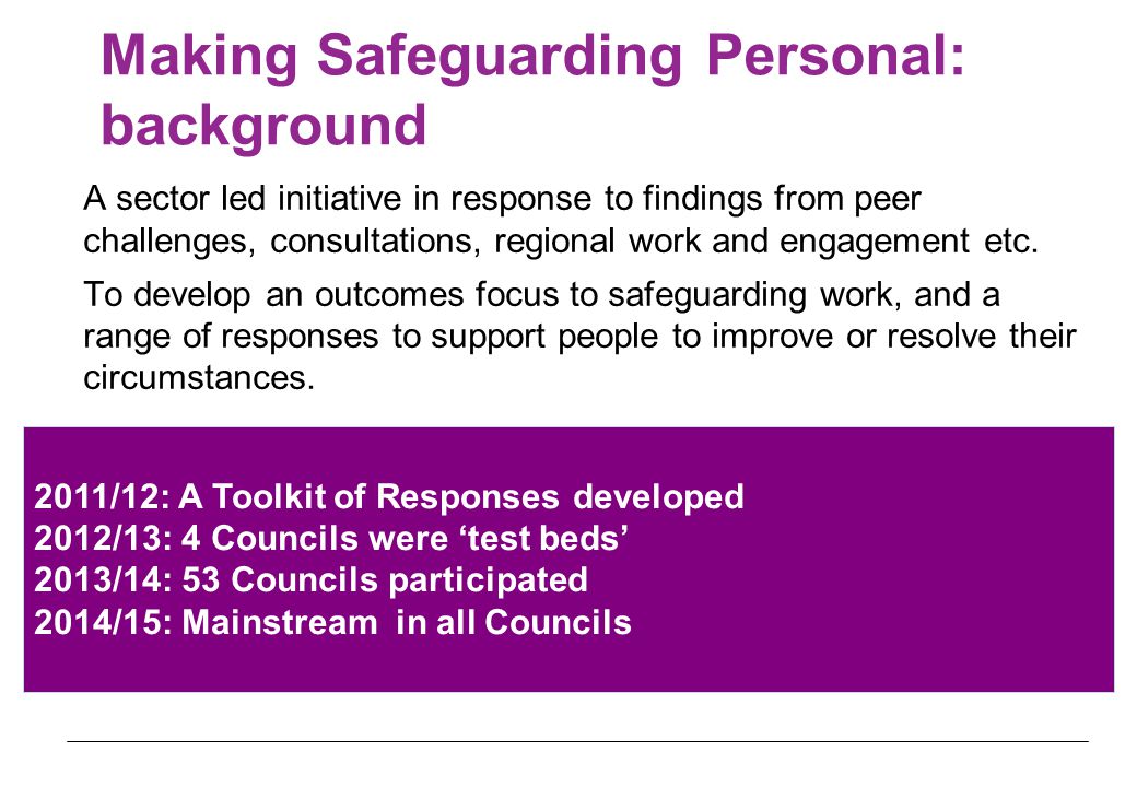 Making Safeguarding Personal: background A sector led initiative in response to findings from peer challenges, consultations, regional work and engagement etc.