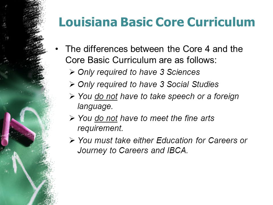 Louisiana Basic Core Curriculum The differences between the Core 4 and the Core Basic Curriculum are as follows:  Only required to have 3 Sciences  Only required to have 3 Social Studies  You do not have to take speech or a foreign language.
