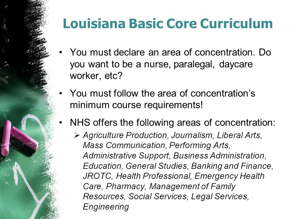 Louisiana Basic Core Curriculum You must declare an area of concentration.