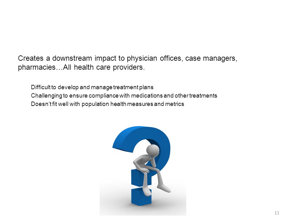 Creates a downstream impact to physician offices, case managers, pharmacies…All health care providers.