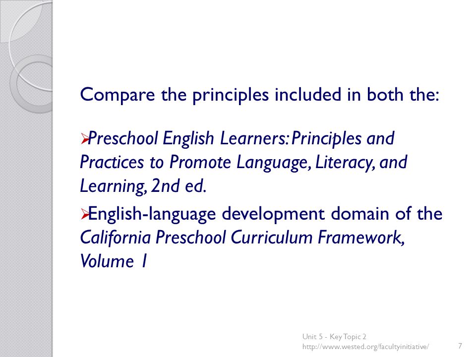 Compare the principles included in both the:  Preschool English Learners: Principles and Practices to Promote Language, Literacy, and Learning, 2nd ed.