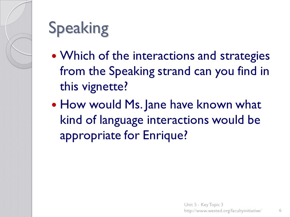 Speaking Which of the interactions and strategies from the Speaking strand can you find in this vignette.