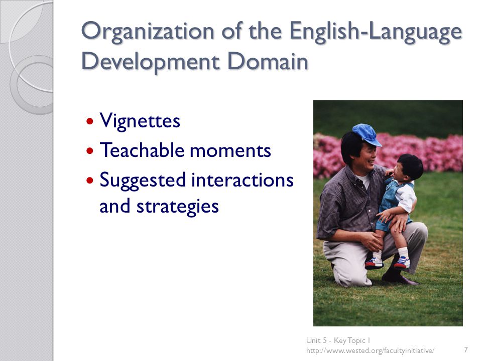 Organization of the English-Language Development Domain Vignettes Teachable moments Suggested interactions and strategies Unit 5 - Key Topic 1