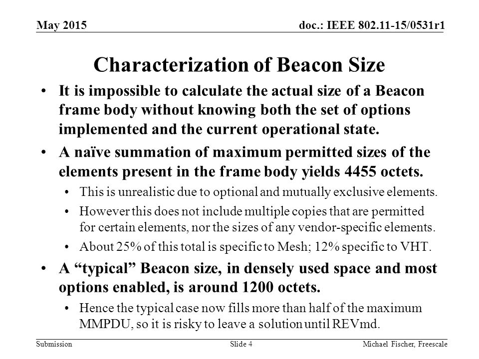 Submission doc.: IEEE /0531r1 Characterization of Beacon Size It is impossible to calculate the actual size of a Beacon frame body without knowing both the set of options implemented and the current operational state.