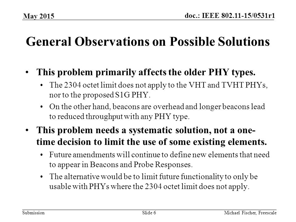 Submission doc.: IEEE /0531r1 May 2015 Michael Fischer, FreescaleSlide 6 General Observations on Possible Solutions This problem primarily affects the older PHY types.