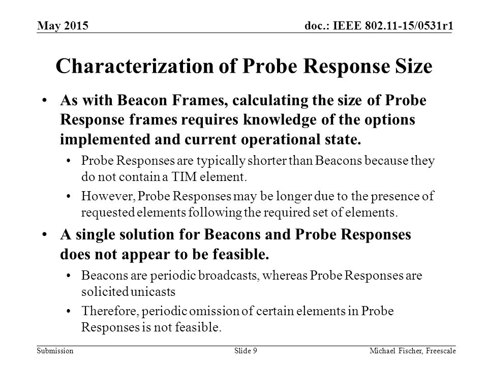 Submission doc.: IEEE /0531r1 Characterization of Probe Response Size As with Beacon Frames, calculating the size of Probe Response frames requires knowledge of the options implemented and current operational state.