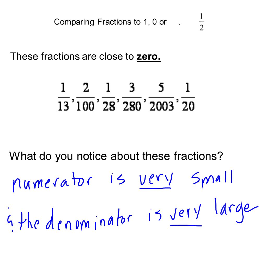 Comparing Fractions to 1, 0 or. These fractions are close to zero.