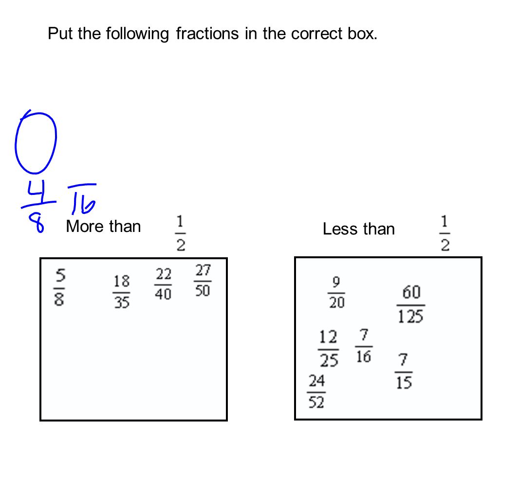 Put the following fractions in the correct box. Less than More than