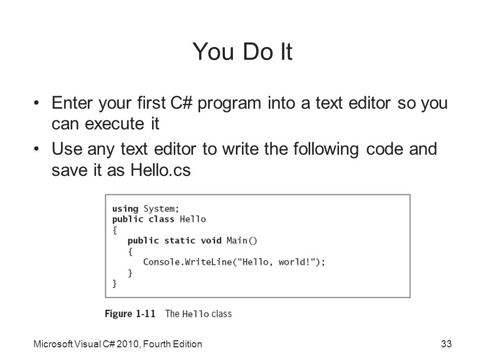 You Do It Enter your first C# program into a text editor so you can execute it Use any text editor to write the following code and save it as Hello.cs Microsoft Visual C# 2010, Fourth Edition33