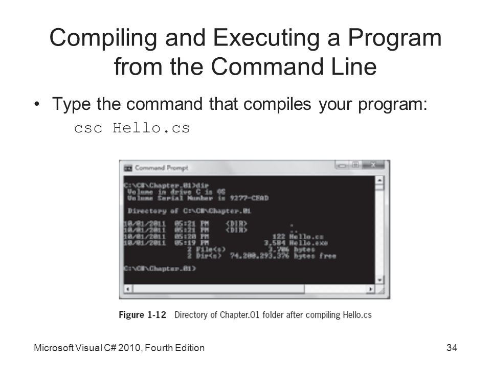 Compiling and Executing a Program from the Command Line Type the command that compiles your program: csc Hello.cs Microsoft Visual C# 2010, Fourth Edition34