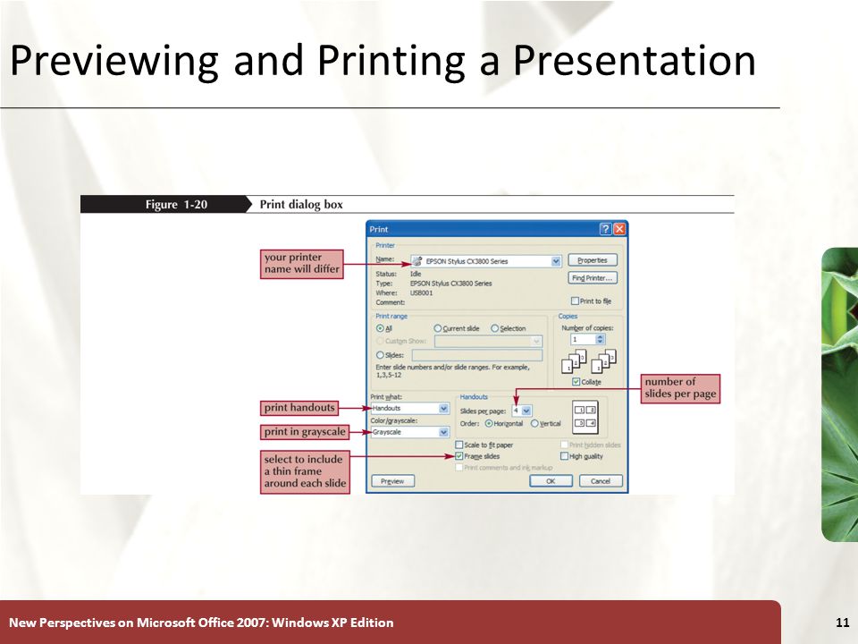 XP New Perspectives on Microsoft Office 2007: Windows XP Edition11 Previewing and Printing a Presentation