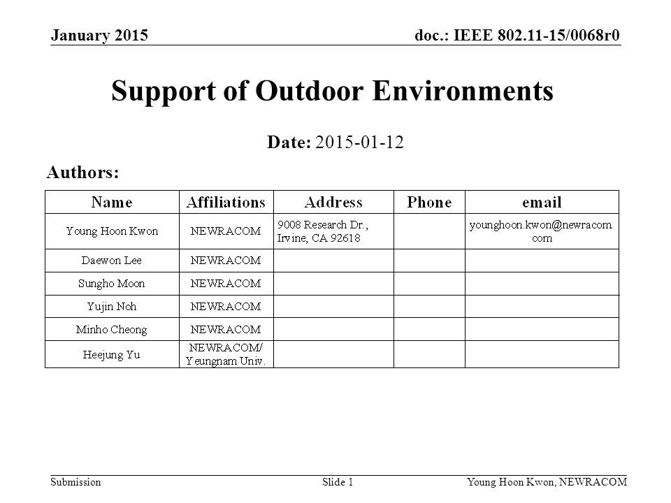 doc.: IEEE /0068r0 SubmissionSlide 1Young Hoon Kwon, NEWRACOM January 2015 Support of Outdoor Environments Date: Authors: