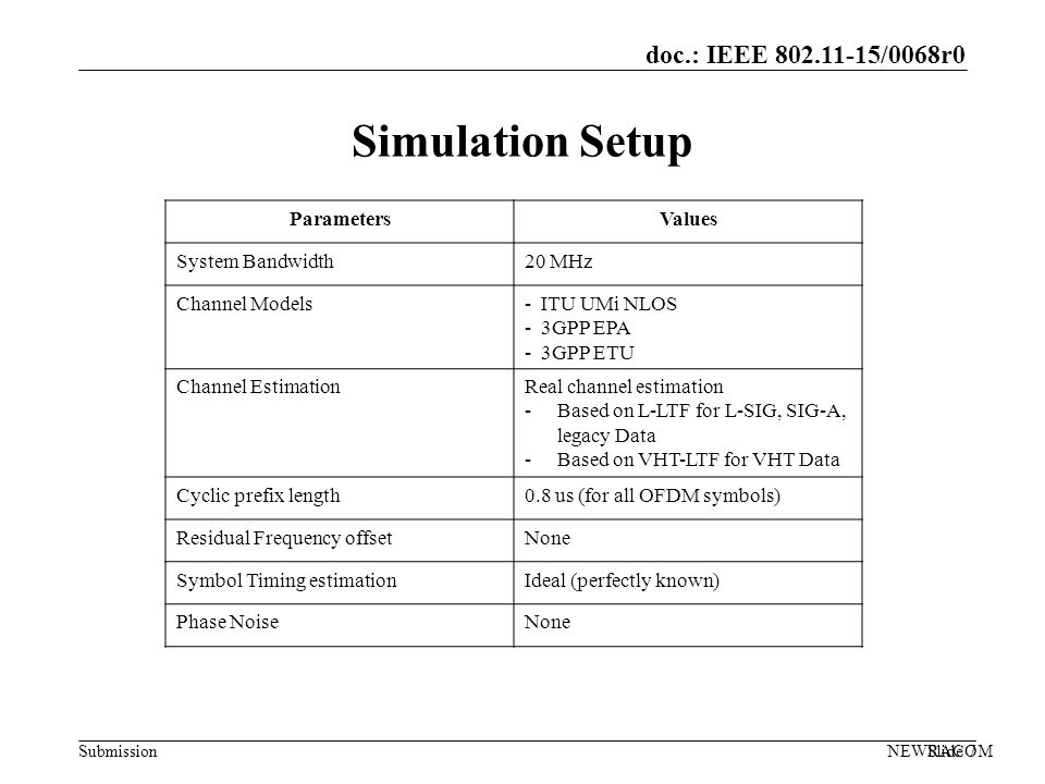 doc.: IEEE /0068r0 Submission Simulation Setup NEWRACOMSlide 7 ParametersValues System Bandwidth20 MHz Channel Models- ITU UMi NLOS - 3GPP EPA - 3GPP ETU Channel EstimationReal channel estimation -Based on L-LTF for L-SIG, SIG-A, legacy Data -Based on VHT-LTF for VHT Data Cyclic prefix length0.8 us (for all OFDM symbols) Residual Frequency offsetNone Symbol Timing estimationIdeal (perfectly known) Phase NoiseNone