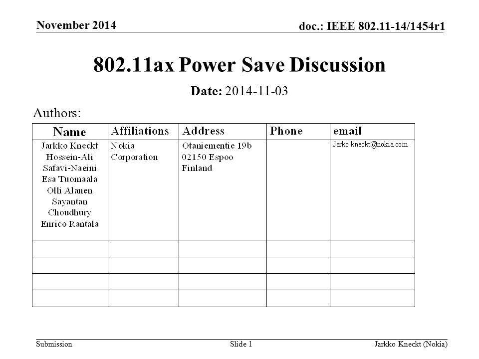 Submission doc.: IEEE /1454r1 November 2014 Jarkko Kneckt (Nokia)Slide ax Power Save Discussion Date: Authors: