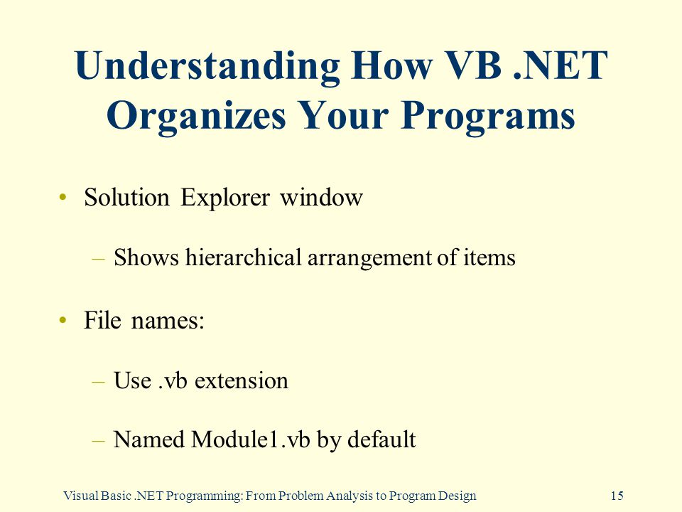 Visual Basic.NET Programming: From Problem Analysis to Program Design15 Understanding How VB.NET Organizes Your Programs Solution Explorer window –Shows hierarchical arrangement of items File names: –Use.vb extension –Named Module1.vb by default