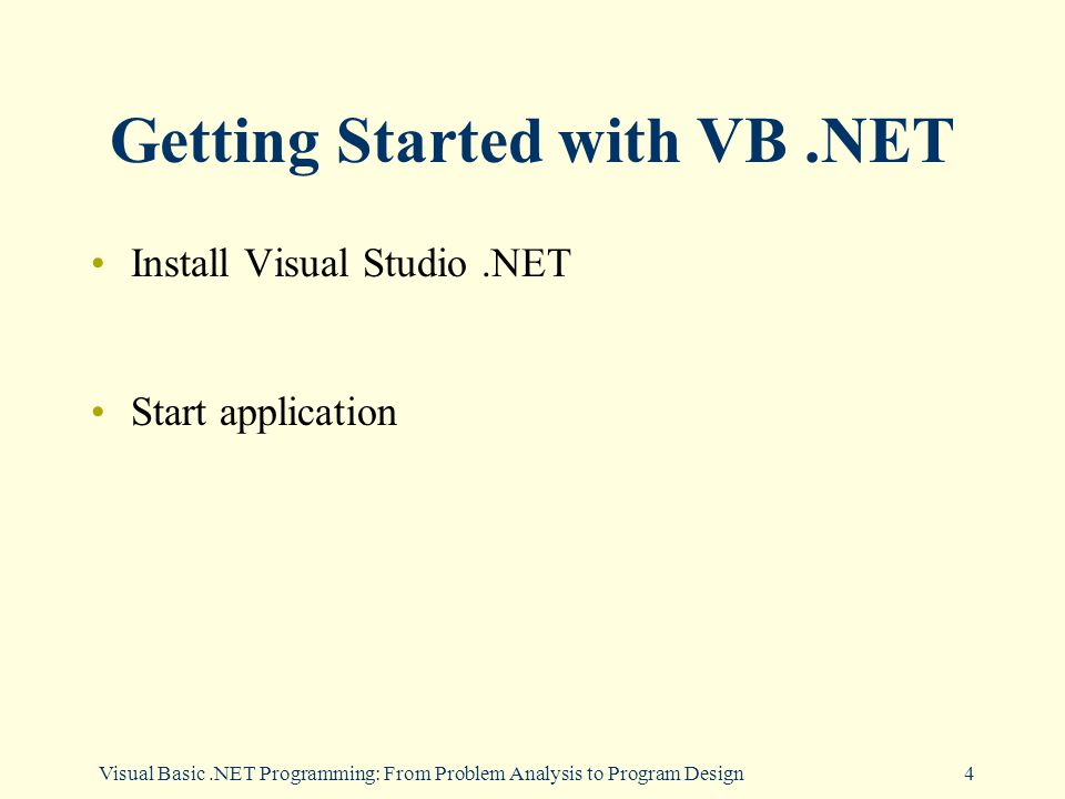 Visual Basic.NET Programming: From Problem Analysis to Program Design4 Getting Started with VB.NET Install Visual Studio.NET Start application