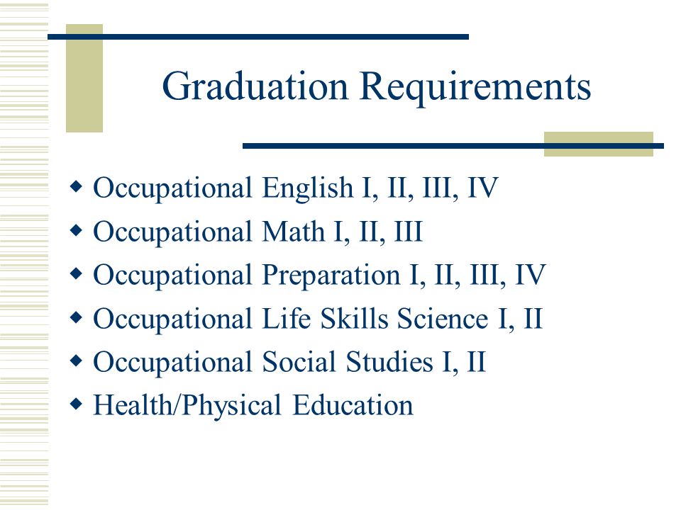 Graduation Requirements  Occupational English I, II, III, IV  Occupational Math I, II, III  Occupational Preparation I, II, III, IV  Occupational Life Skills Science I, II  Occupational Social Studies I, II  Health/Physical Education