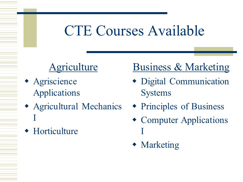 CTE Courses Available Agriculture  Agriscience Applications  Agricultural Mechanics I  Horticulture Business & Marketing  Digital Communication Systems  Principles of Business  Computer Applications I  Marketing