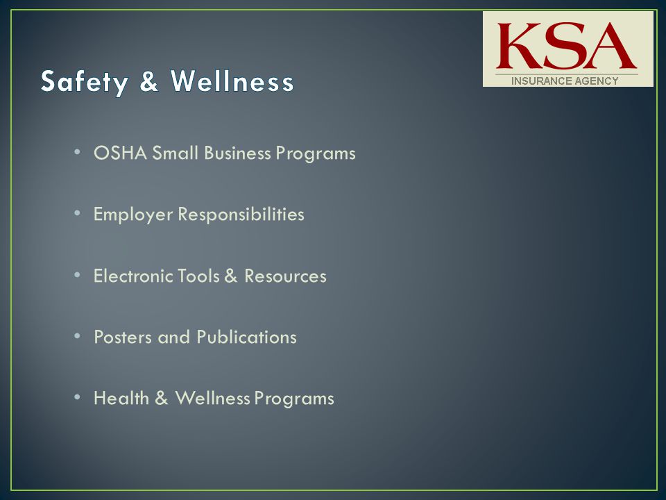 OSHA Small Business Programs Employer Responsibilities Electronic Tools & Resources Posters and Publications Health & Wellness Programs