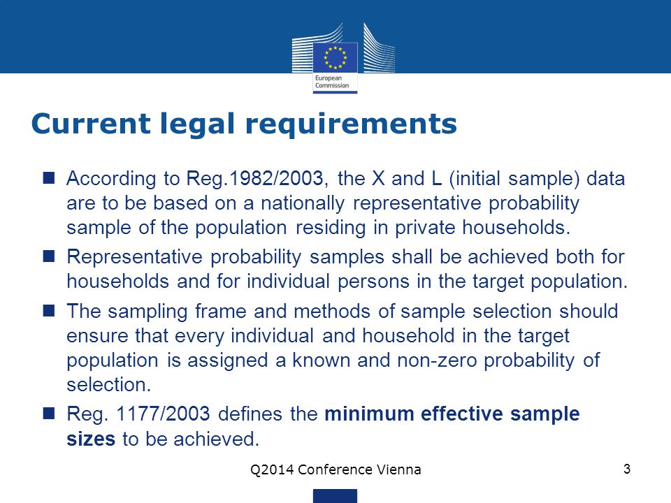 Current legal requirements According to Reg.1982/2003, the X and L (initial sample) data are to be based on a nationally representative probability sample of the population residing in private households.