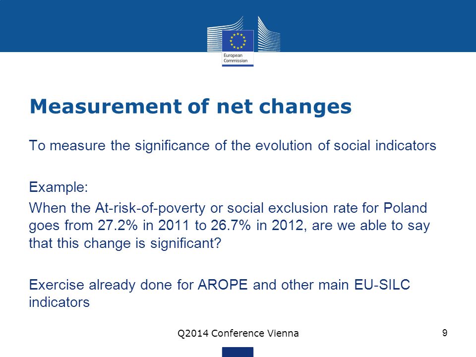 Measurement of net changes To measure the significance of the evolution of social indicators Example: When the At-risk-of-poverty or social exclusion rate for Poland goes from 27.2% in 2011 to 26.7% in 2012, are we able to say that this change is significant.