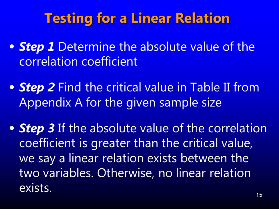Testing for a Linear Relation Step 1 Determine the absolute value of the correlation coefficient Step 2 Find the critical value in Table II from Appendix A for the given sample size Step 3 If the absolute value of the correlation coefficient is greater than the critical value, we say a linear relation exists between the two variables.