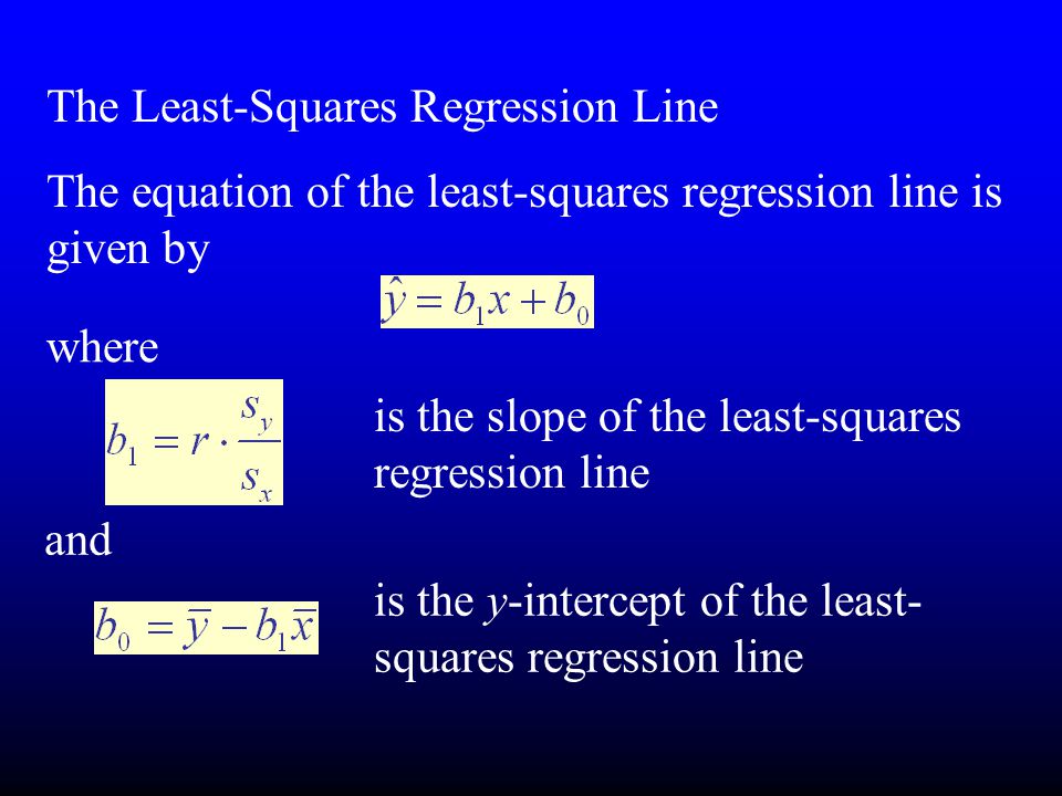 The Least-Squares Regression Line The equation of the least-squares regression line is given by where and is the slope of the least-squares regression line is the y-intercept of the least- squares regression line
