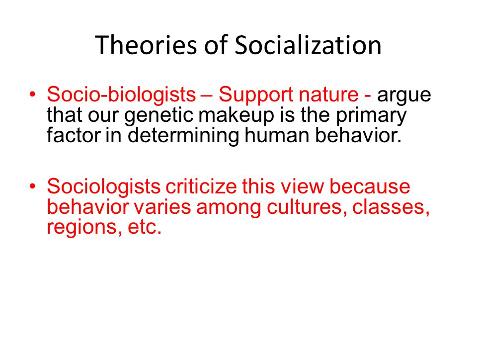 Theories of Socialization Socio-biologists – Support nature - argue that our genetic makeup is the primary factor in determining human behavior.