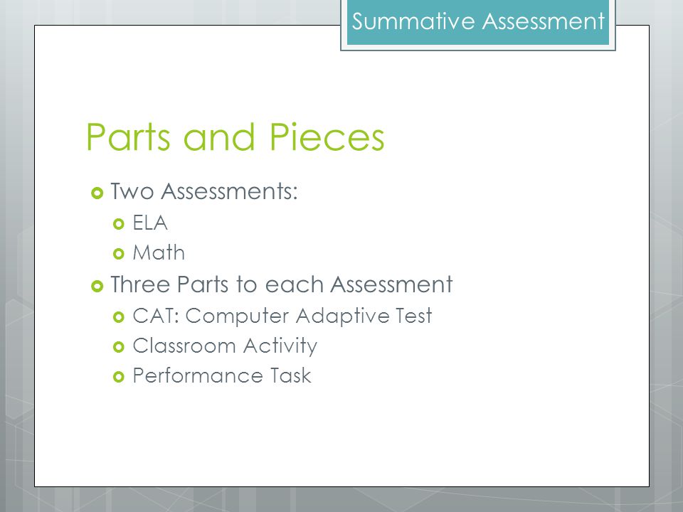 Parts and Pieces  Two Assessments:  ELA  Math  Three Parts to each Assessment  CAT: Computer Adaptive Test  Classroom Activity  Performance Task Summative Assessment